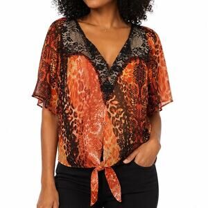 S NWT XOXO Sheer Snakeskin Lace Dolman Tie Front Cropped Bolero Top Blouse